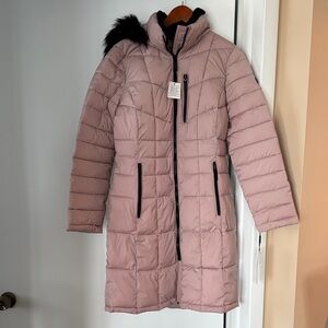 Calvin Klein Blush Puffer Jacket with Faux Fur Trim